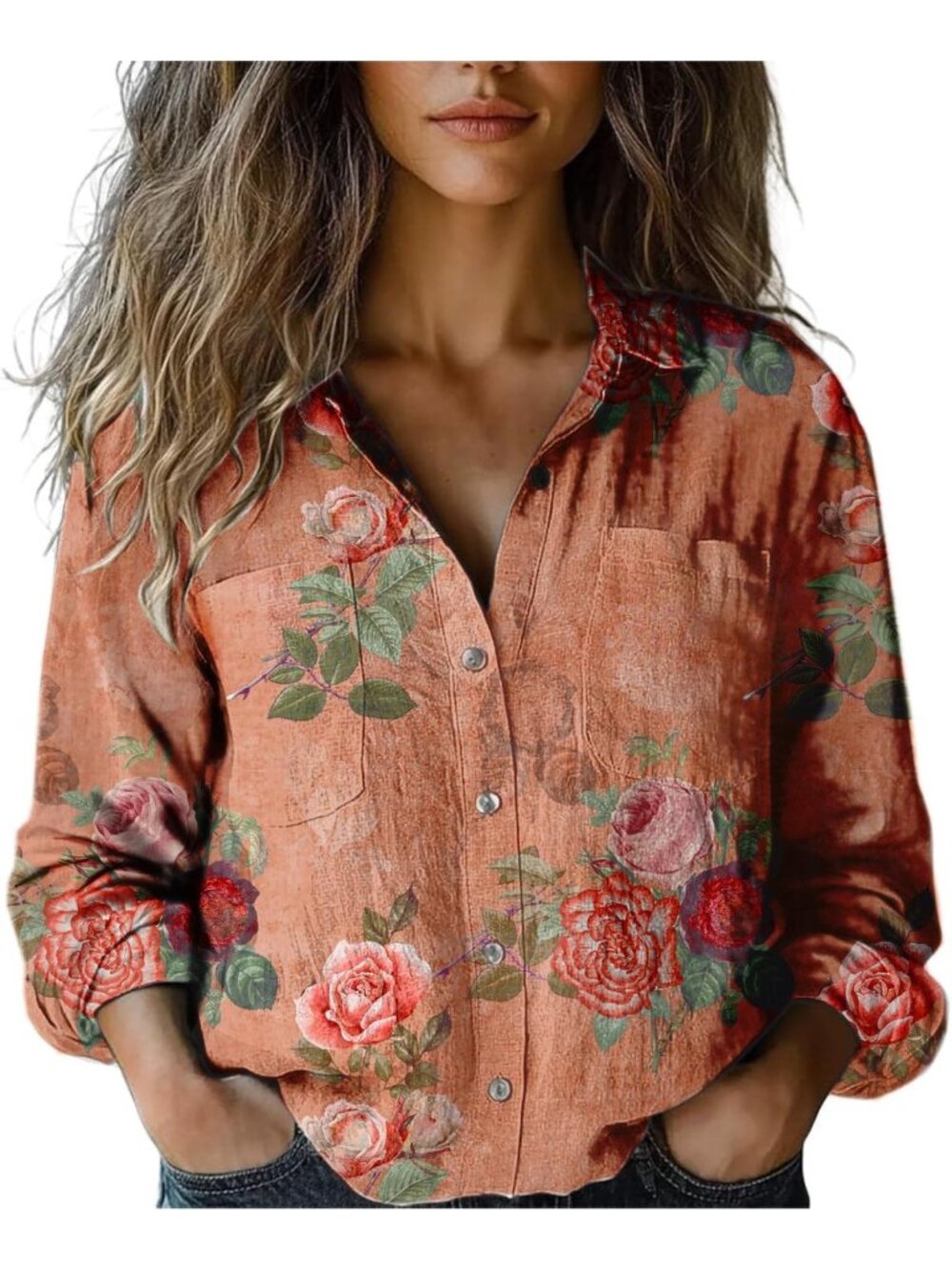 Vintage Floral Boho Button Down Shirt | V Neck Long Sleeve Blouse with Pocket